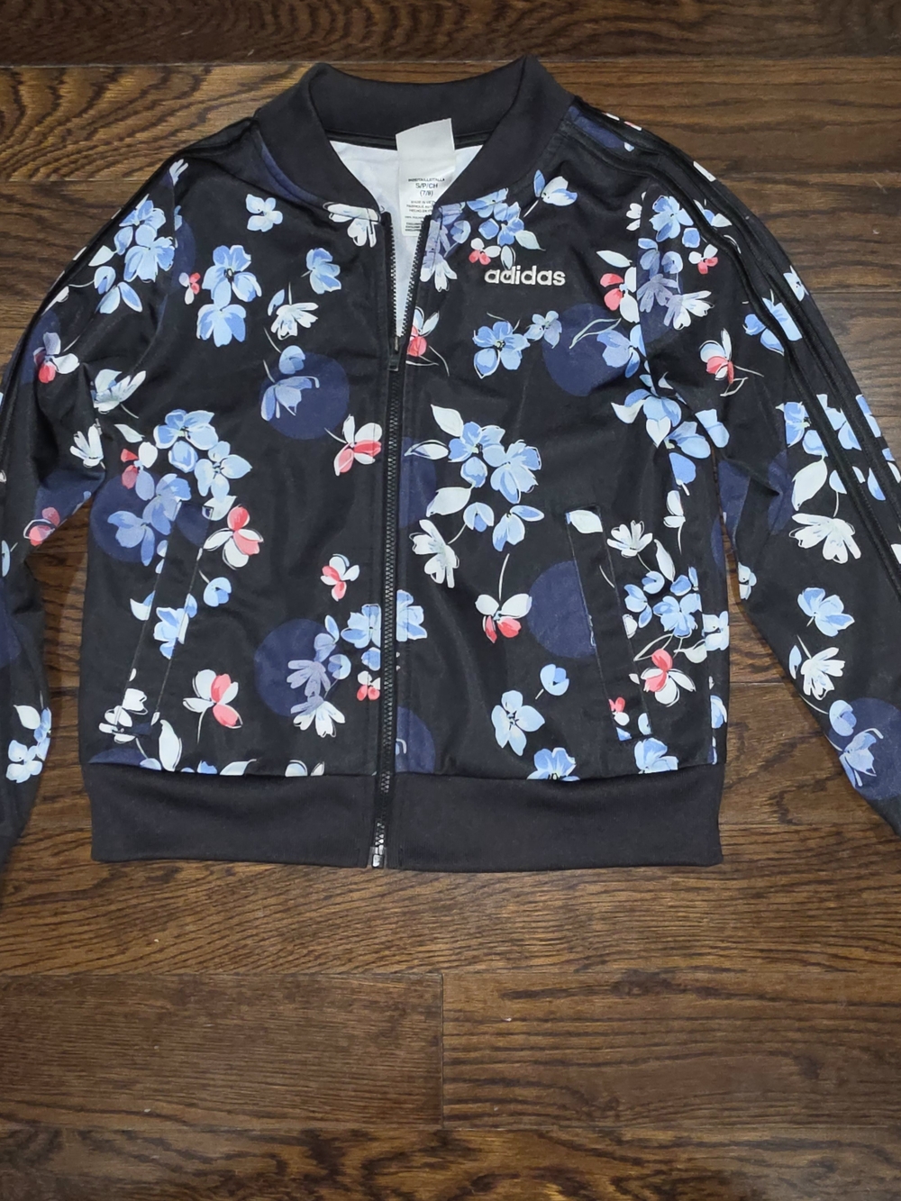 adidas Kids Black Floral Track Jacket with Blue & Pink Accents